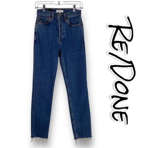 Re/Done Denim - Re/Done High-Rise Ankle Crop Jeans Raw Hem Button Fly Medium Wash Womens Sz 26